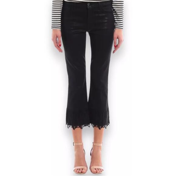J Brand Coated Black Out Selena Cropped Lace Hem Mid-Rise Bootcut Jeans Size 29 - Picture 2 of 12